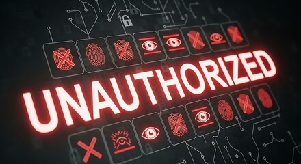 Digital security breach alert unauthorized access detected with biometric data icons and red warning symbols
