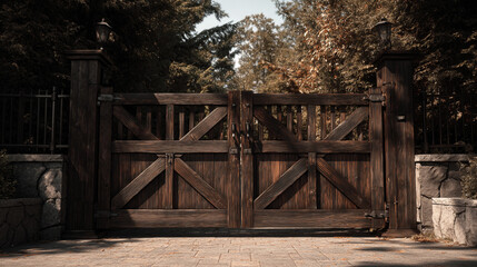 Fototapeta premium A symmetrical view of a large wooden gate with trees and stone pillars on either side of it