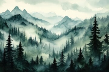 Misty mountain landscape with layers of towering pine trees fading into foggy valleys under a cloudy sky, evoking calm and mystery