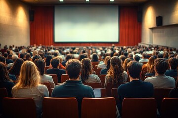Large audience seated in a theater facing a blank screen with red curtains, attentively waiting or watching an event or presentation in a dimly lit room
