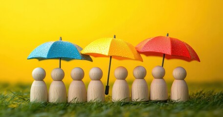 Wooden figurines under colorful umbrellas on green grass with yellow background symbolizing protection and unity in diverse groups
