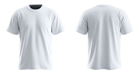 Front and back view of a plain white t-shirt.  A simple, blank garment, showing a crew neck and short sleeves.  The fabric appears smooth and the design is straightforward