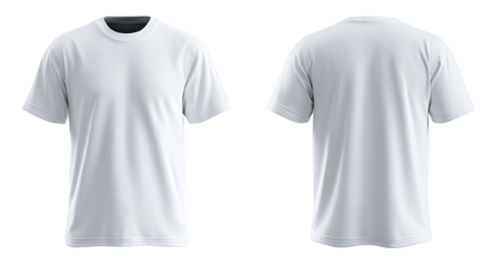 Front and back view of a plain white t-shirt.  A simple, blank garment, showing a crew neck and short sleeves.  The fabric appears smooth and the design is straightforward