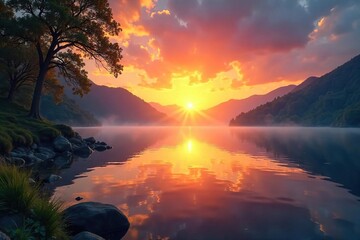 Serene nature scene depicting a vibrant sunrise over a tranquil lake, symbolizing the restorative power of healing energy and the calm it brings , serene, spiritual
