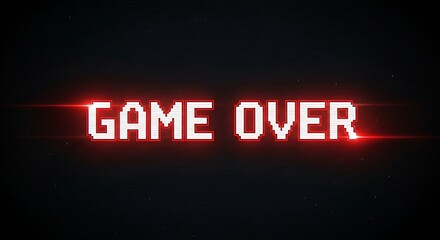 Retro pixelated 'GAME OVER' text with vibrant red glow and glitch effects on dark background