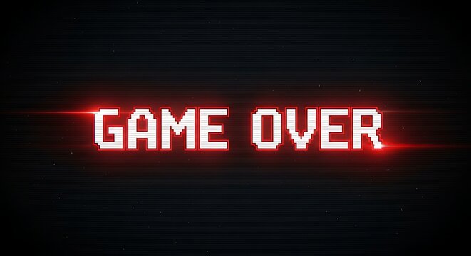 Retro pixelated 'GAME OVER' text with vibrant red glow and glitch effects on dark background