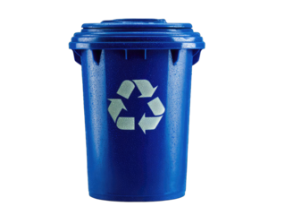 Blue recycling bin against black