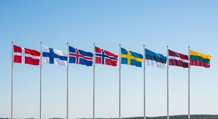 the flags of Nordic and Baltic countries waving together in the air, including Norway, Sweden, Finland, Denmark, Iceland, Estonia, Latvia and Lithuania