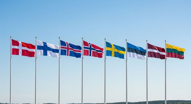  the flags of Nordic and Baltic countries waving together in the air, including Norway, Sweden, Finland, Denmark, Iceland, Estonia, Latvia and Lithuania