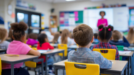 Elementary classroom with diverse children listening to teacher in colorful setting.
