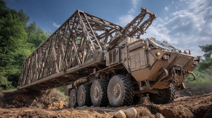 Fototapeta premium Heavy Combat Engineering Vehicle Deploying a Modular Bridge Over Terrain with Enhanced Mobility for Military Operations and Infrastructure Support