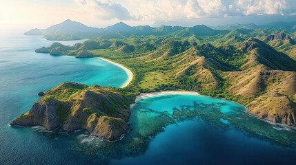 Aerial view of a tropical island with turquoise bays, sandy beaches, lush green hills, and rugged mountain terrain under a partly cloudy sky