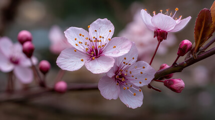 A close up shot showcasing delicate pink cherry blossoms and buds on a branch in soft focus