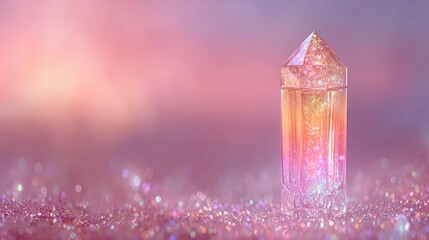 A faceted crystal, glowing with iridescent colors, stands on a sparkly, blurred surface with a dreamy pink and purple bokeh background