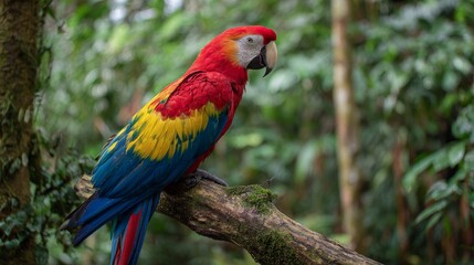 Obraz premium Vibrant tropical parrot perched on branch in lush rainforest with colorful feathers showcasing exotic wildlife natural habitat and stunning avian beauty for nature lovers