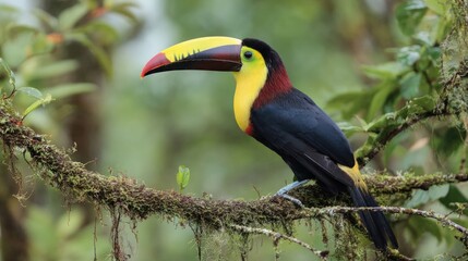Obraz premium Vibrant colorful toucan perched on lush rainforest branch showcasing exotic wildlife with striking beak and vibrant feathers in tropical habitat scene