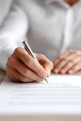 Crop shot of person with pen signing contract at desk in daylight hand, agreements, signs, business, contract, paper, pen