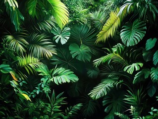 Fototapeta premium Dense tropical foliage with various large green leaves creating a lush and vibrant natural scene