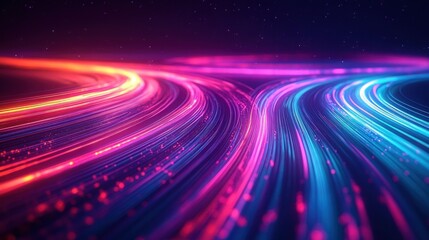 Flowing luminous colorful light trails in red, pink, and blue curving dynamically against a dark starry background, evoking a sense of speed and energy