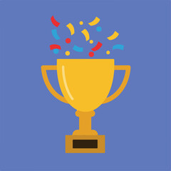 The vector image features a gold trophy with confetti floating above it against a blue background, symbolizing achievement and celebration.