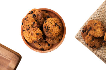 flat lay of chocolate chip cookies on a plate