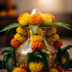 Traditional Indian Brass Kalash Decorated with Marigold Flowers and Mango Leaves