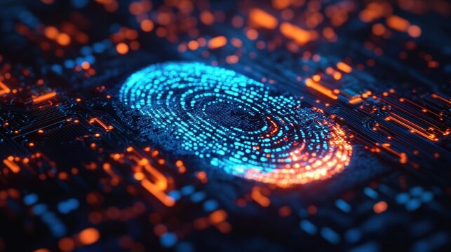 Close-up of a glowing digital fingerprint security interface with blue and orange illuminated circuitry patterns representing biometric technology