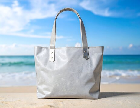 there is a silver bag sitting on the sand near the ocean