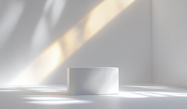 Minimalist white rectangular block placed on a smooth surface in a bright room with soft natural light and shadows creating a calm and serene atmosphere