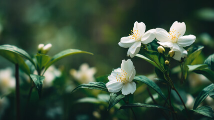 Obraz premium A close up view of white jasmine flowers with yellow centers and green leaves in soft focus