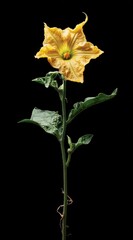 A vibrant yellow blossom with five petals stands atop a long stem with green leaves, all set against a stark black background