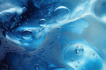Close-up view of transparent bubbles suspended in a vibrant blue liquid creating a smooth and fluid abstract pattern