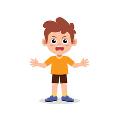 Cute Cartoon Boy with Open Mouth and Outstretched Hands Expressing Surprise or Excitement Vector Illustration.