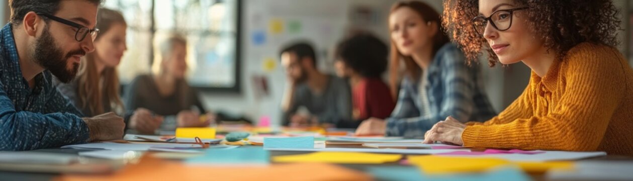 Group of young people working together around a table covered with colorful notes and papers, focused and collaborative atmosphere in a bright room