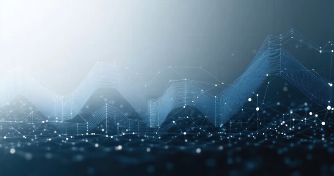 Abstract digital waveforms and network connections representing data flow over dark blue background with light gradient