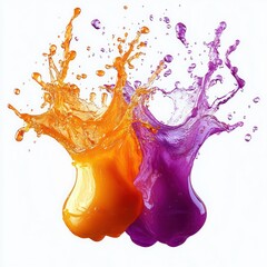 Two vibrant liquid splashes in mid-air with one orange and one purple splash dynamically colliding against a white background