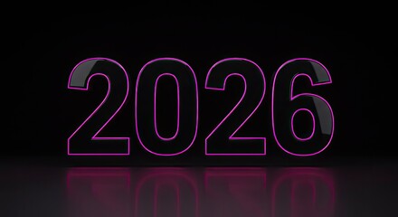 Glossy 2026 Neon Sign: Futuristic Year, Pink Glow, Black Background.