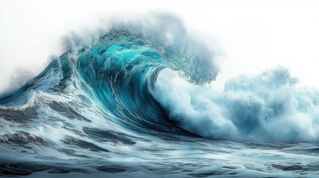 Powerful ocean wave curling and crashing with dynamic white sea foam and mist under bright light