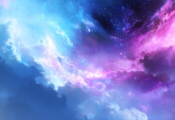 Sparkling starry sky and clouds background illustration, blue and purple night sky.