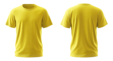 Front and back views of a bright yellow t-shirt.  Simple crew neck, short sleeves.  Blank template