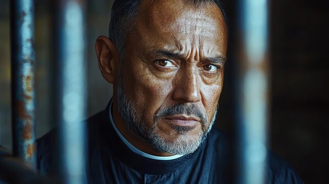 serious middle-aged man with a beard looking through metal bars with intense expression in a dimly lit setting