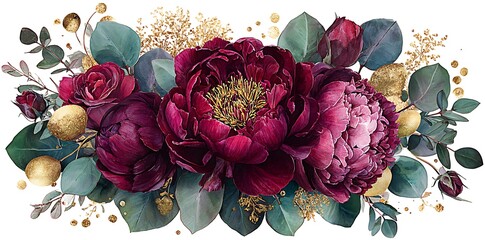 Watercolor floral seamless border green leaves, burgundy maroon pink peach blush white flowers leaf branches. Wedding invitations, greetings wallpapers, fashion, prints. Eucalyptus, olive, rose, peony