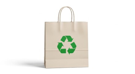 Recycling Paper Bag with Green Recycling Symbol on White Background