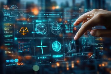 Hand interacting with futuristic digital interface displaying various charts, graphs, and technology icons with a blurred cityscape background indicating advanced data analysis and technology use