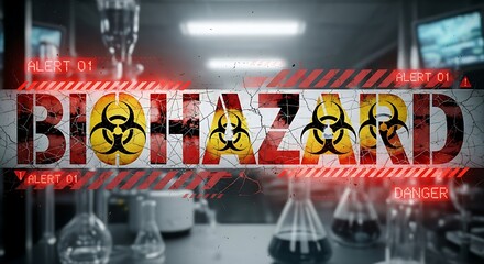 Urgent biohazard alert in lab with warning signs and scientific equipment
