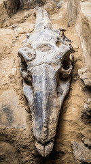 Fototapeta premium Fossilized whale skull with exaggerated cartoonish features, half-submerged in an ancient seabed. 