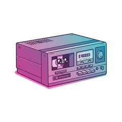 Obraz premium A whimsical illustration showcases a vintage cassette player with a playful face, exuding a sense of nostalgia and retro charm, perfect for creative projects.