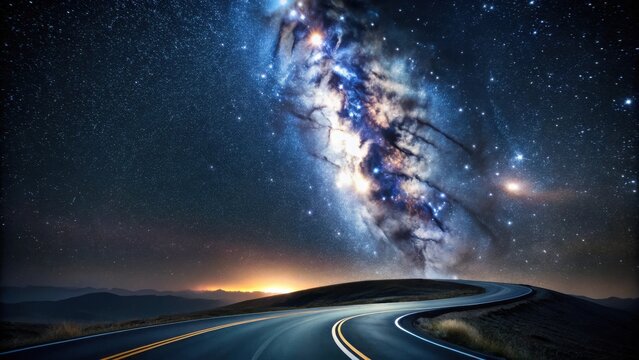 A winding asphalt road curves gently upward, disappearing into a breathtaking vista of a star-filled night sky, showcasing a luminous galaxy overhead