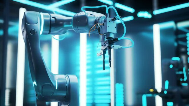 a robotic arm pivots on a glowing fulcrum joint