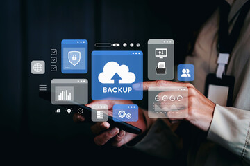 Business woman using smartphone for Database Cloud Computer backup technology and data security storage online for computer business ideas and prevent for cyber crime. Networking and internet service